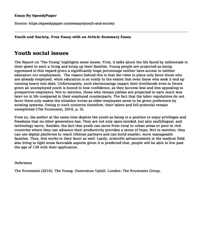 Youth and Society, Free Essay with an Article Summary