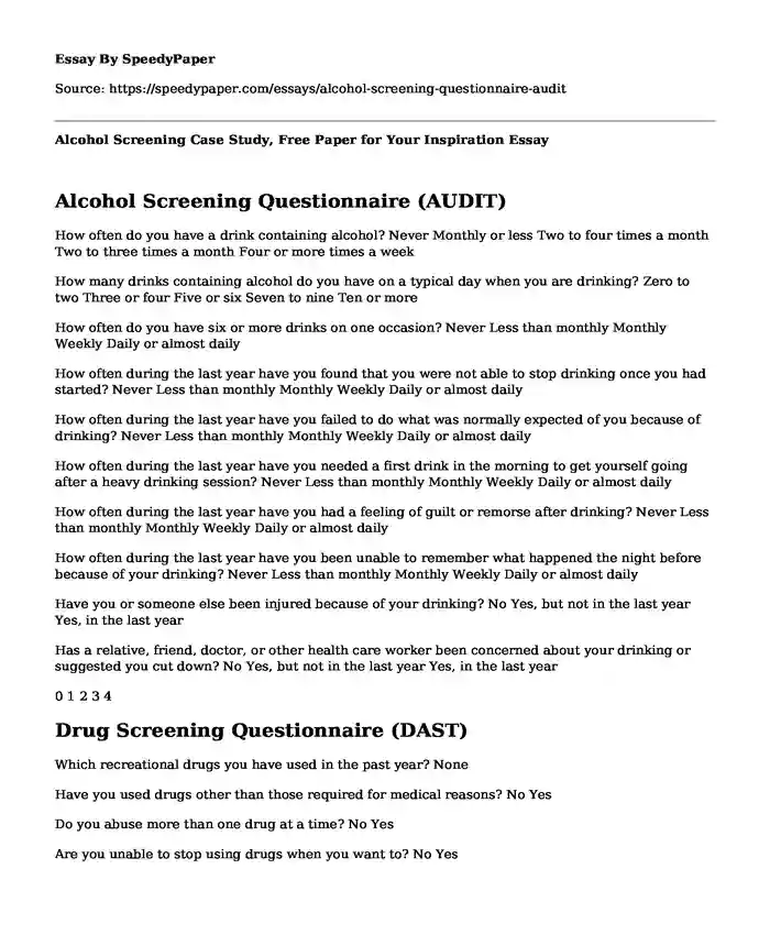 Alcohol Screening Case Study, Free Paper for Your Inspiration