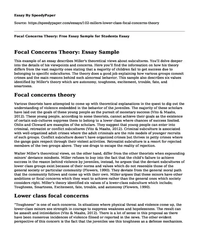 Focal Concerns Theory: Free Essay Sample for Students