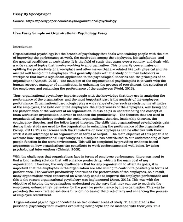 Free Essay Sample on Organizational Psychology