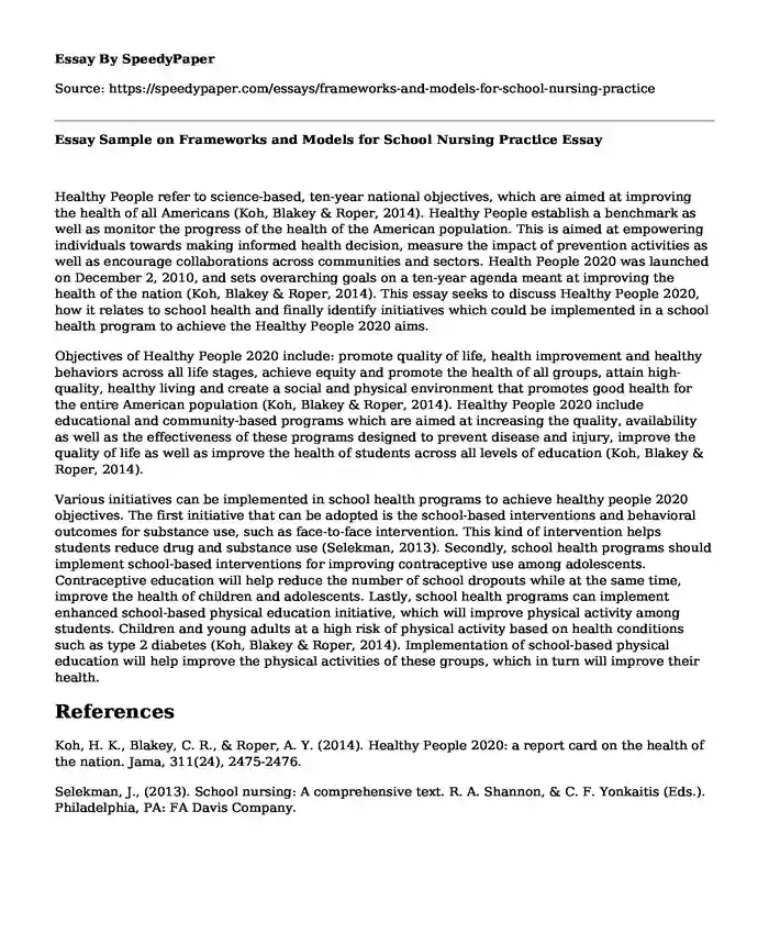 Essay Sample on Frameworks and Models for School Nursing Practice