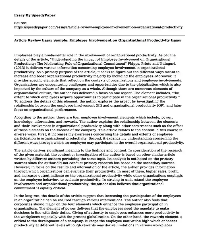 Article Review Essay Sample: Employee Involvement on Organizational Productivity