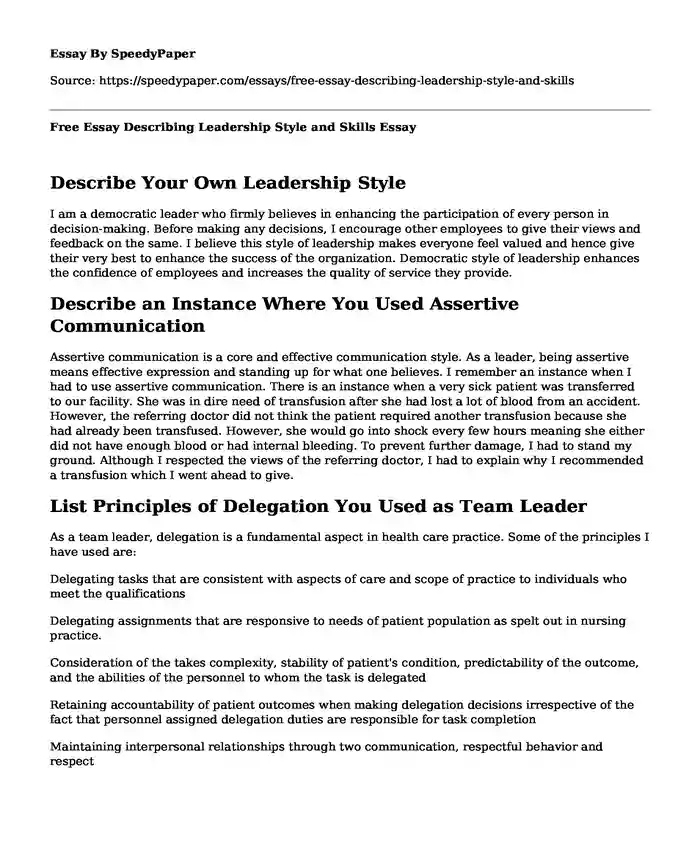 Free Essay Describing Leadership Style and Skills