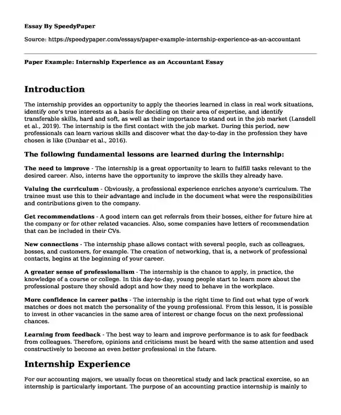 Paper Example: Internship Experience as an Accountant