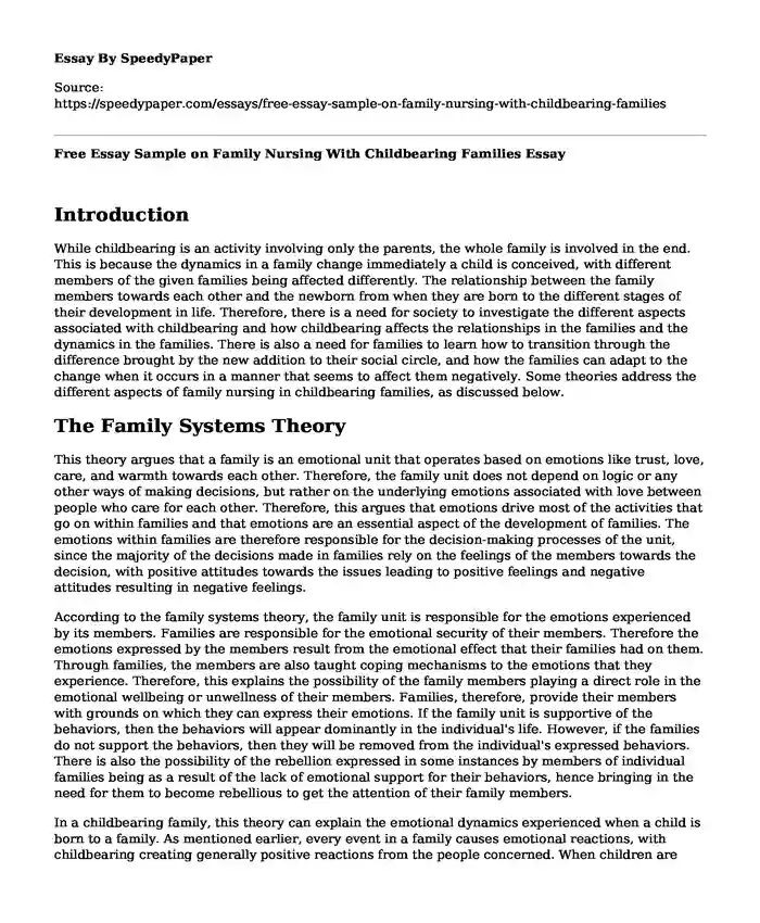 Free Essay Sample on Family Nursing With Childbearing Families