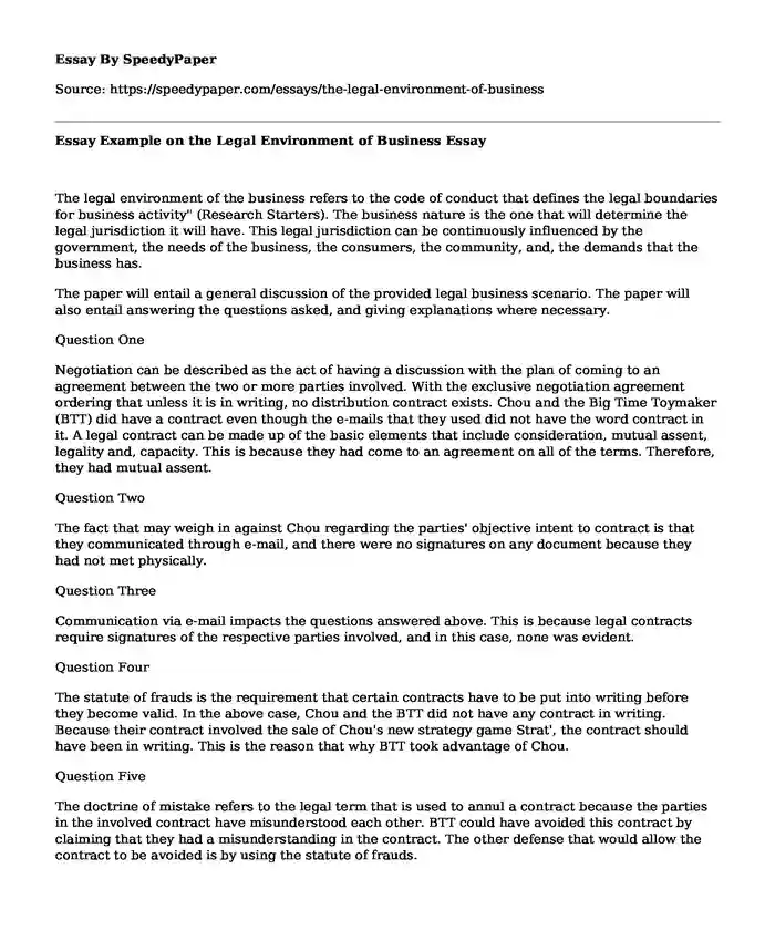 Essay Example on the Legal Environment of Business