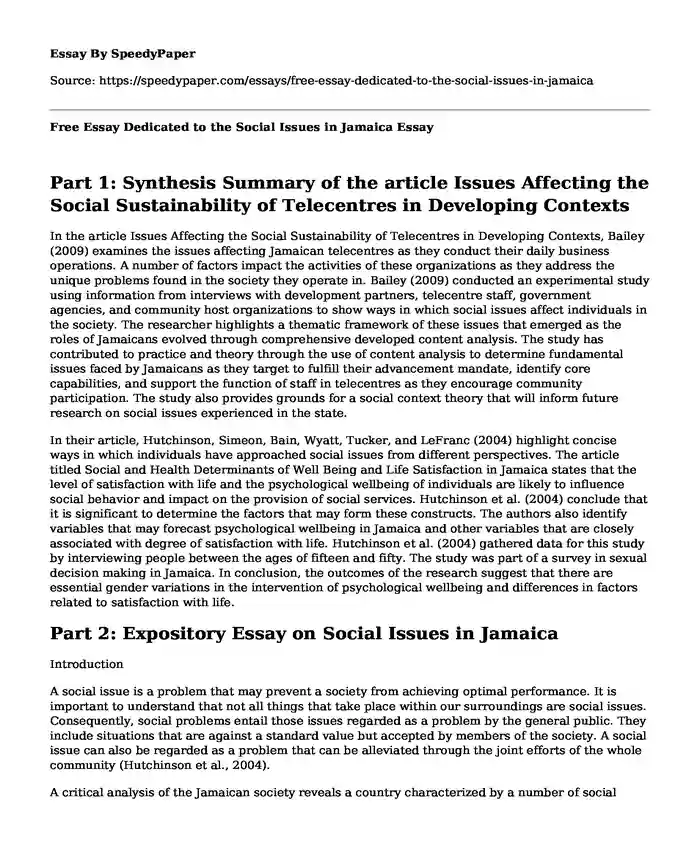 Free Essay Dedicated to the Social Issues in Jamaica