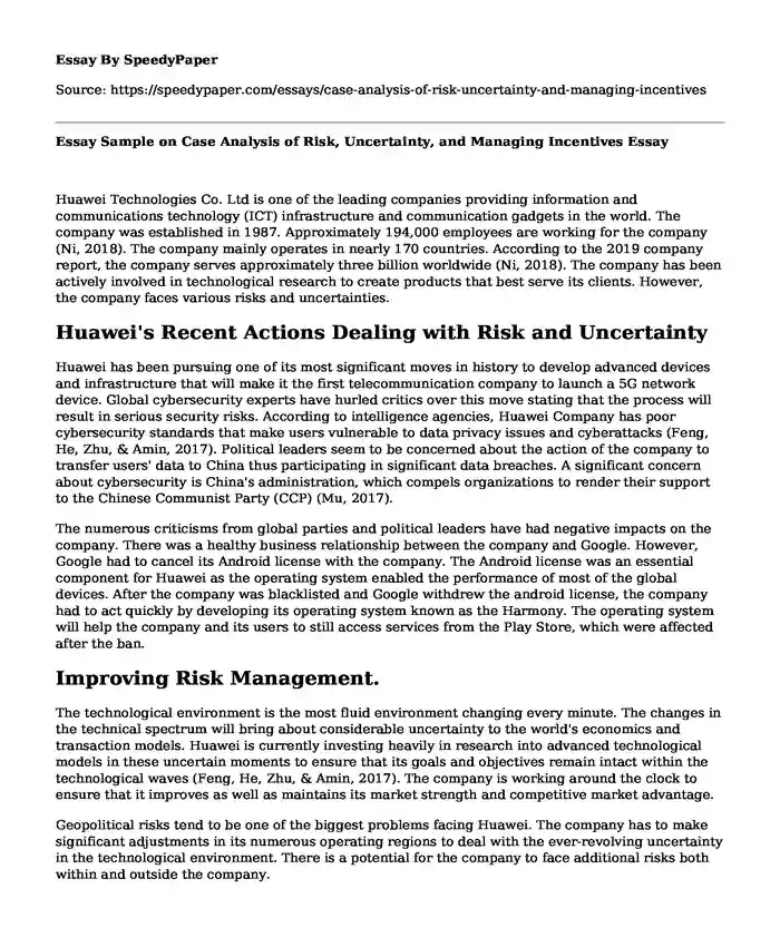 Essay Sample on Case Analysis of Risk, Uncertainty, and Managing Incentives