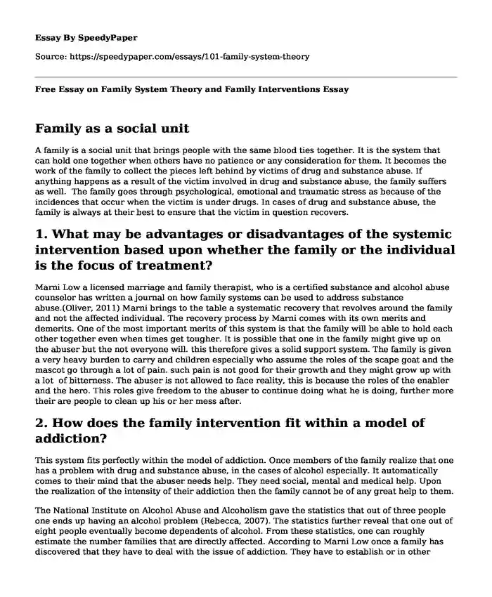 Free Essay on Family System Theory and Family Interventions