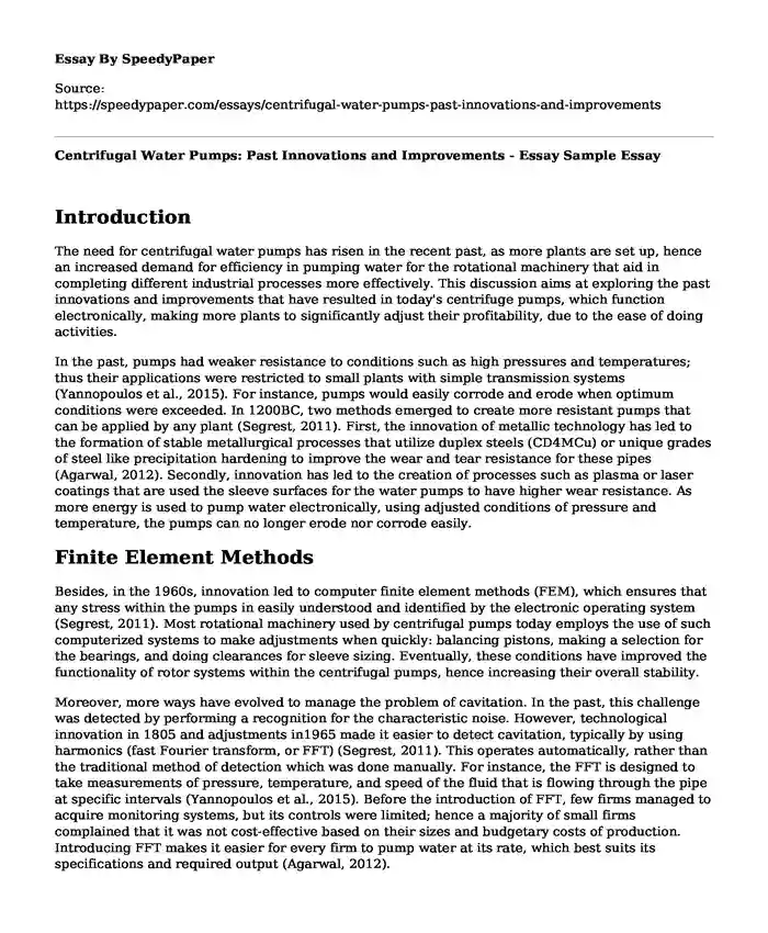 Centrifugal Water Pumps: Past Innovations and Improvements - Essay Sample