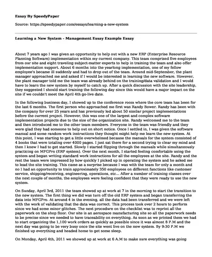 Learning a New System - Management Essay Example