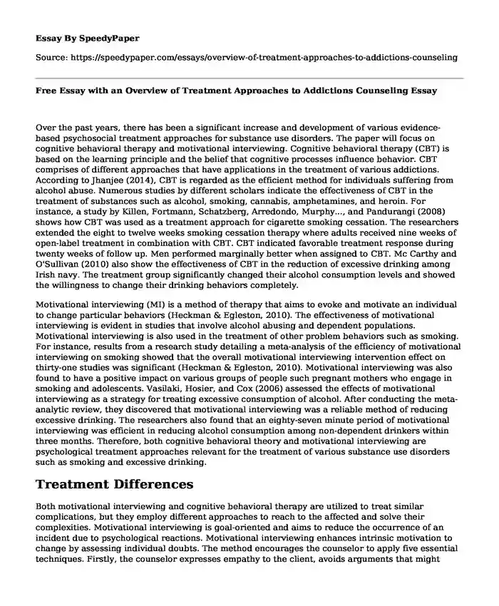 Free Essay with an Overview of Treatment Approaches to Addictions Counseling