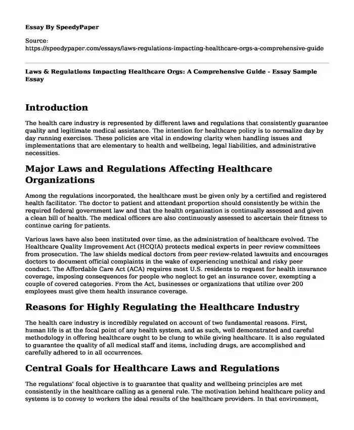 Laws & Regulations Impacting Healthcare Orgs: A Comprehensive Guide - Essay Sample