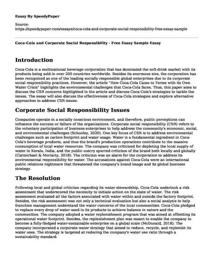 Coca-Cola and Corporate Social Responsibility - Free Essay Sample