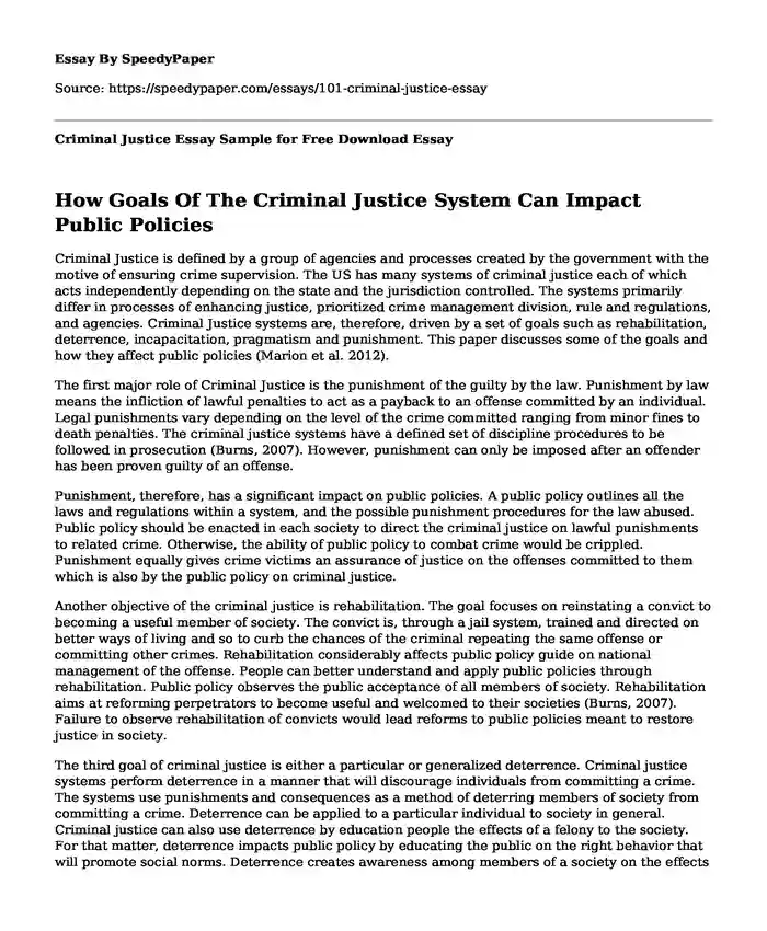 Criminal Justice Essay Sample for Free Download