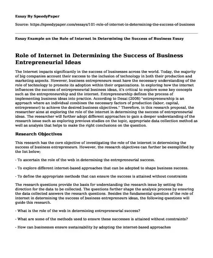 Essay Example on the Role of Internet in Determining the Success of Business