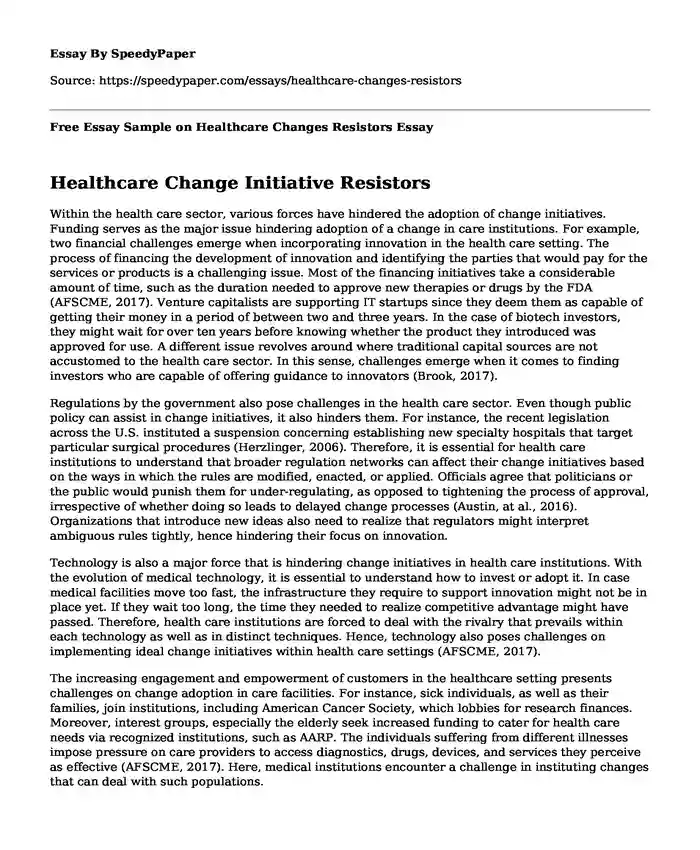 Free Essay Sample on Healthcare Changes Resistors 