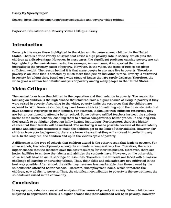 Paper on Education and Poverty Video Critique