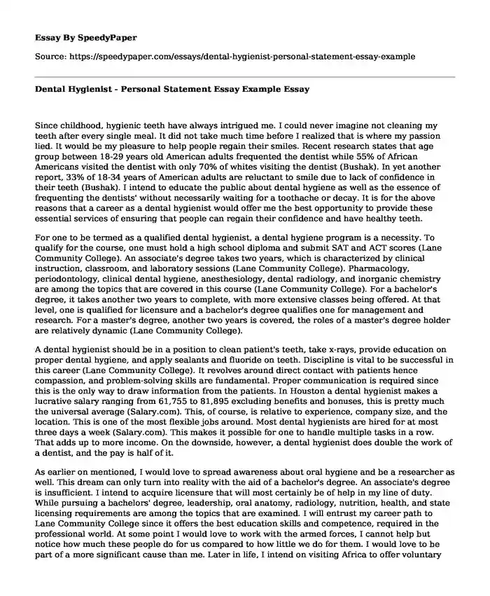  Dental Hygienist - Personal Statement Essay Example