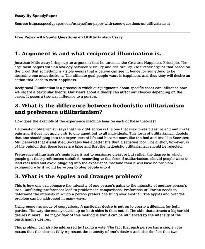 Free Paper with Some Questions on Utilitarianism