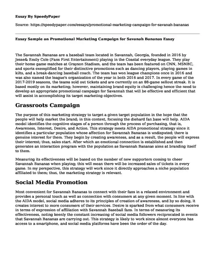 Essay Sample on Promotional Marketing Campaign for Savanah Bananas