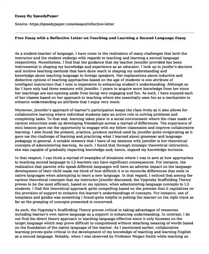 Free Essay with a Reflective Letter on Teaching and Learning a Second Language