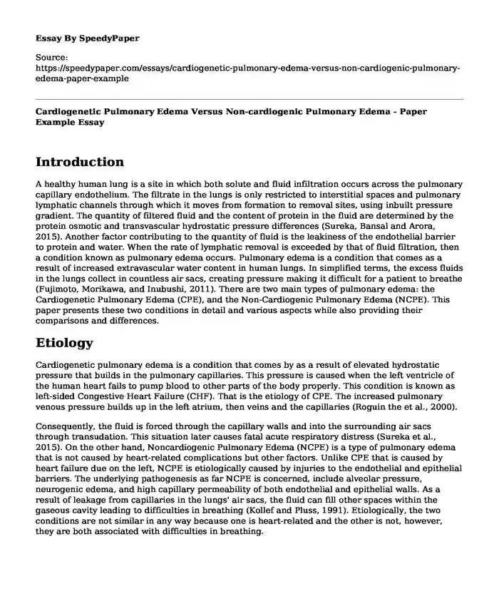 Cardiogenetic Pulmonary Edema Versus Non-cardiogenic Pulmonary Edema - Paper Example