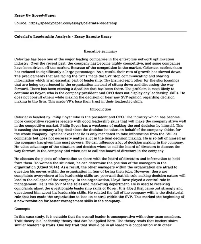 Celeriat's Leadership Analysis - Essay Sample