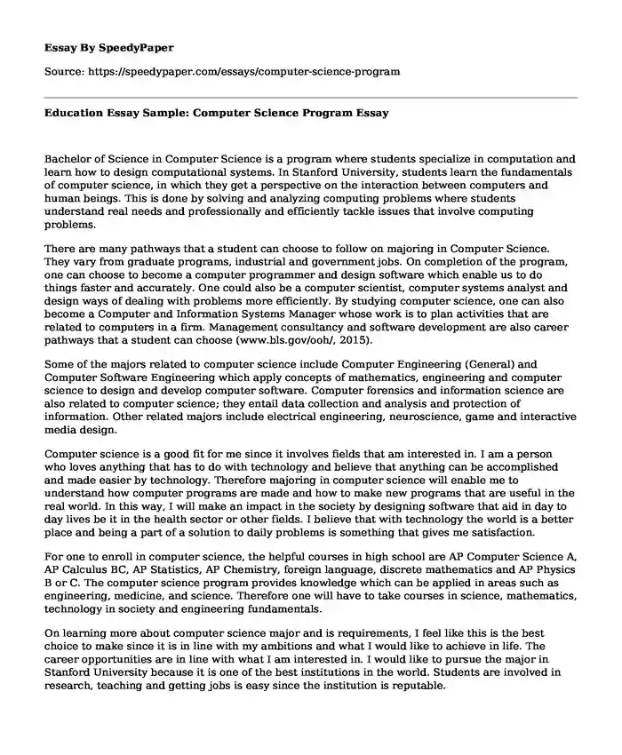 Education Essay Sample: Computer Science Program