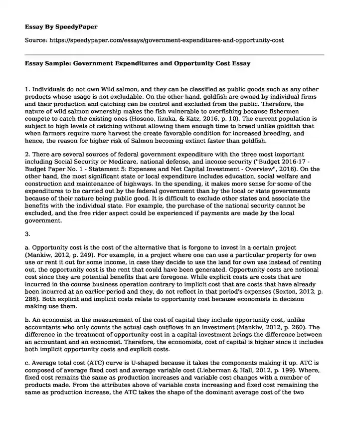 Essay Sample: Government Expenditures and Opportunity Cost