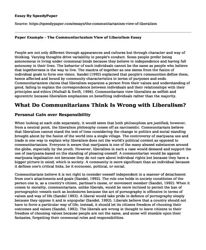 Paper Example - The Communitarianism View of Liberalism