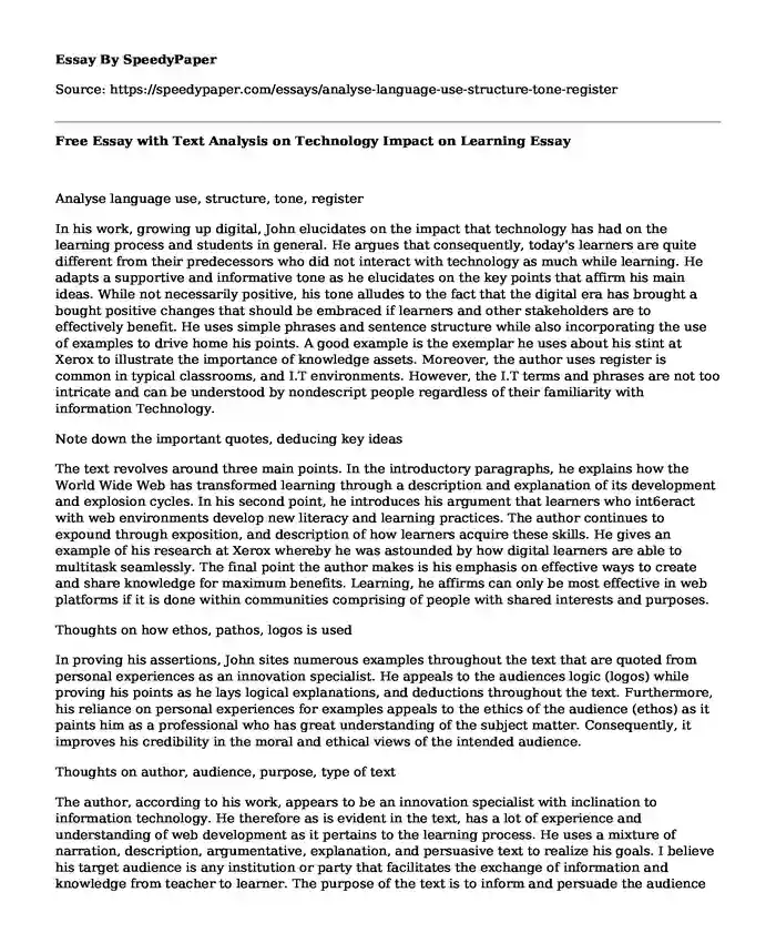Free Essay with Text Analysis on Technology Impact on Learning