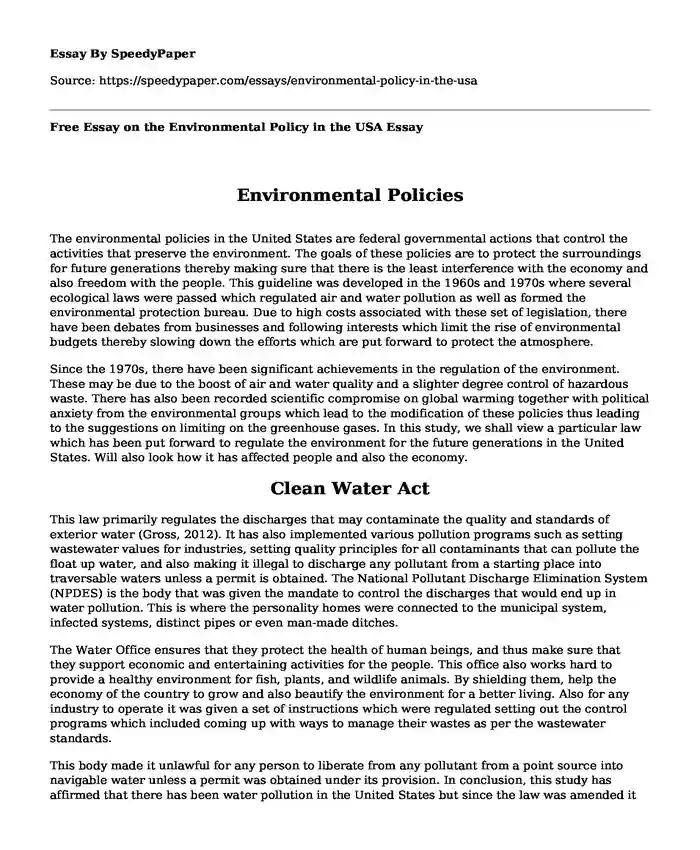 Free Essay on the Environmental Policy in the USA 