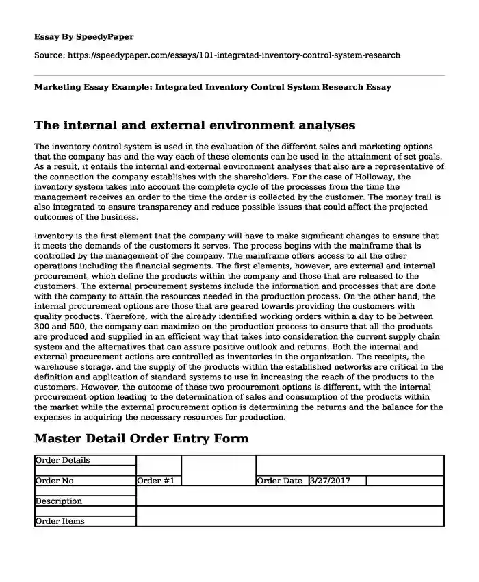 Marketing Essay Example: Integrated Inventory Control System Research