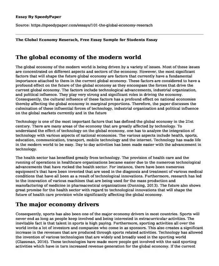 The Global Economy Reserach, Free Essay Sample for Students