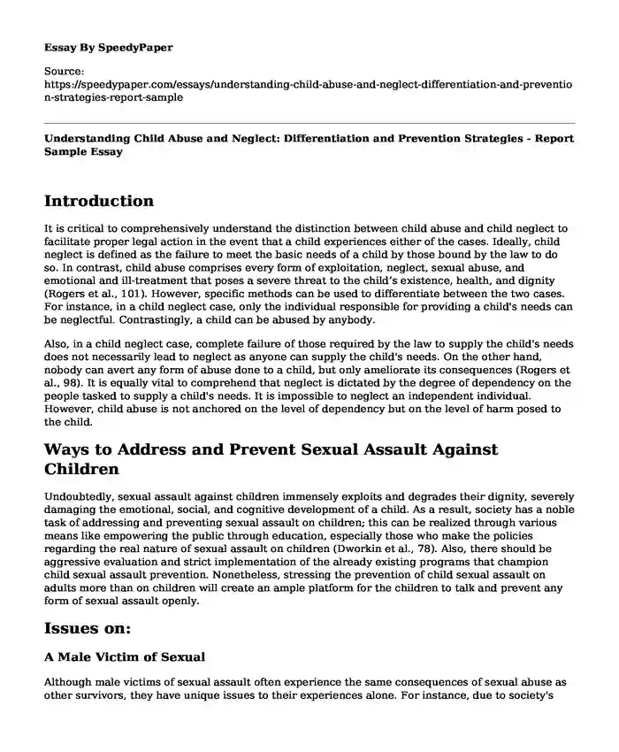 Understanding Child Abuse and Neglect: Differentiation and Prevention Strategies - Report Sample