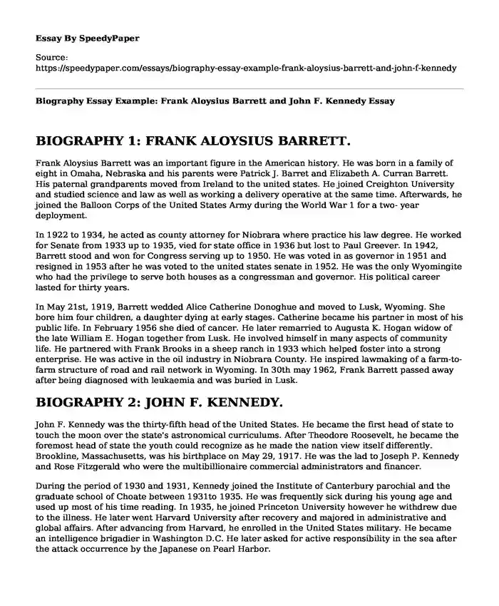 Biography Essay Example: Frank Aloysius Barrett and John F. Kennedy