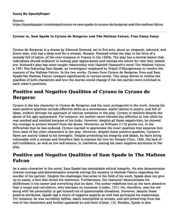 Cyrano vs. Sam Spade in Cyrano de Bergerac and The Maltese Falcon. Free Essay