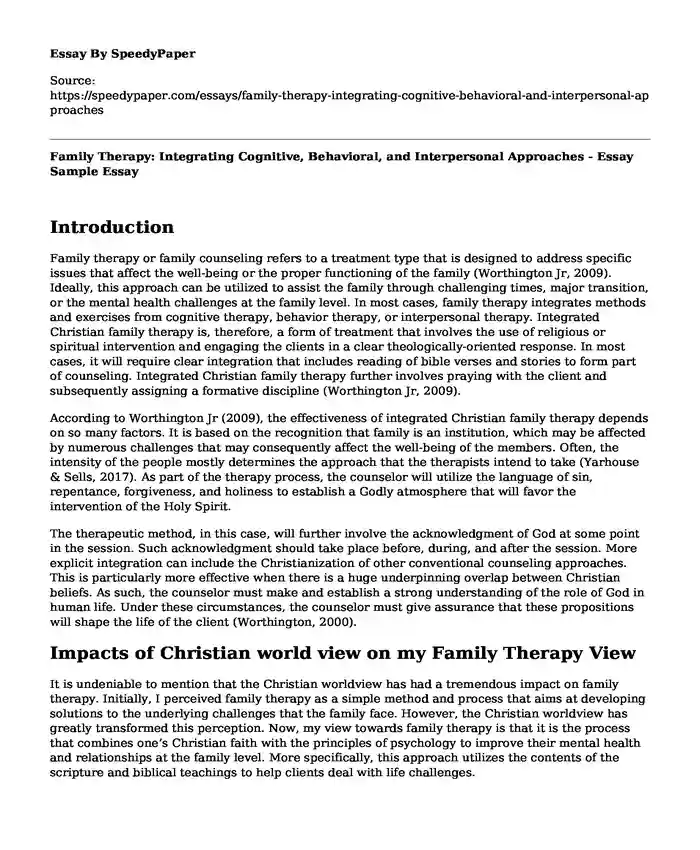 Family Therapy: Integrating Cognitive, Behavioral, and Interpersonal Approaches - Essay Sample