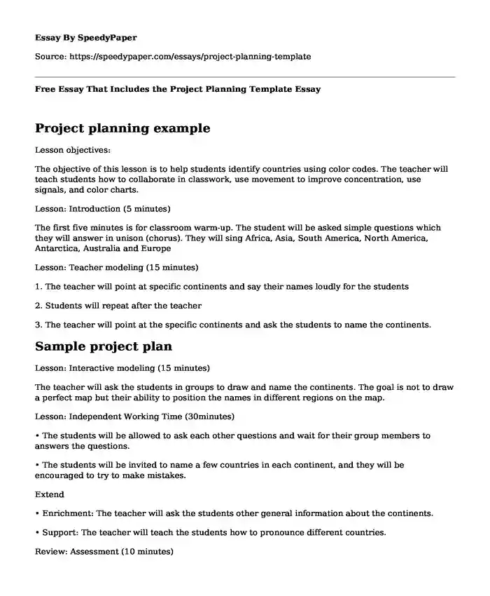 Free Essay That Includes the Project Planning Template