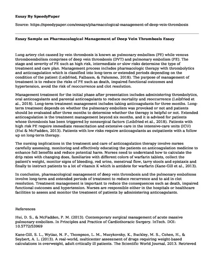 Essay Sample on Pharmacological Management of Deep Vein Thrombosis