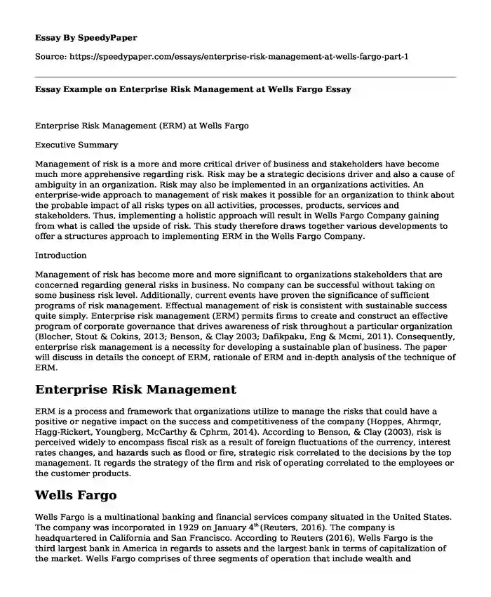 Essay Example on Enterprise Risk Management at Wells Fargo