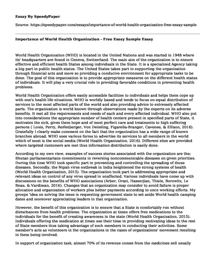 Importance of World Health Organization - Free Essay Sample