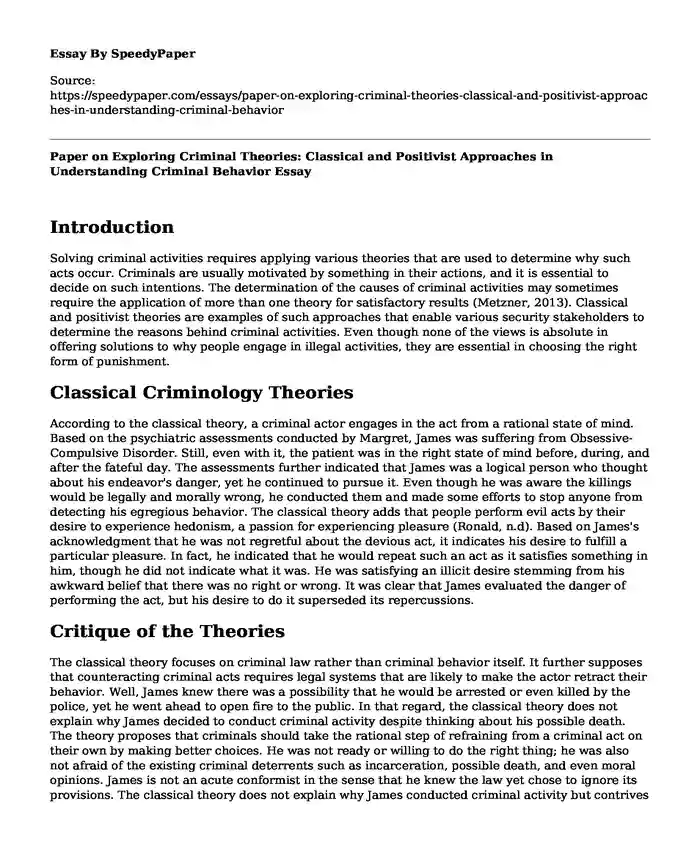 Paper on Exploring Criminal Theories: Classical and Positivist Approaches in Understanding Criminal Behavior