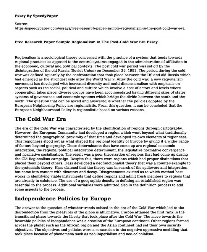 Free Research Paper Sample Regionalism in The Post-Cold War Era