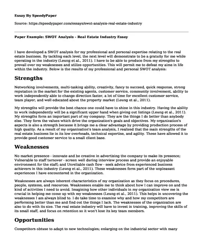 Paper Example: SWOT Analysis - Real Estate Industry