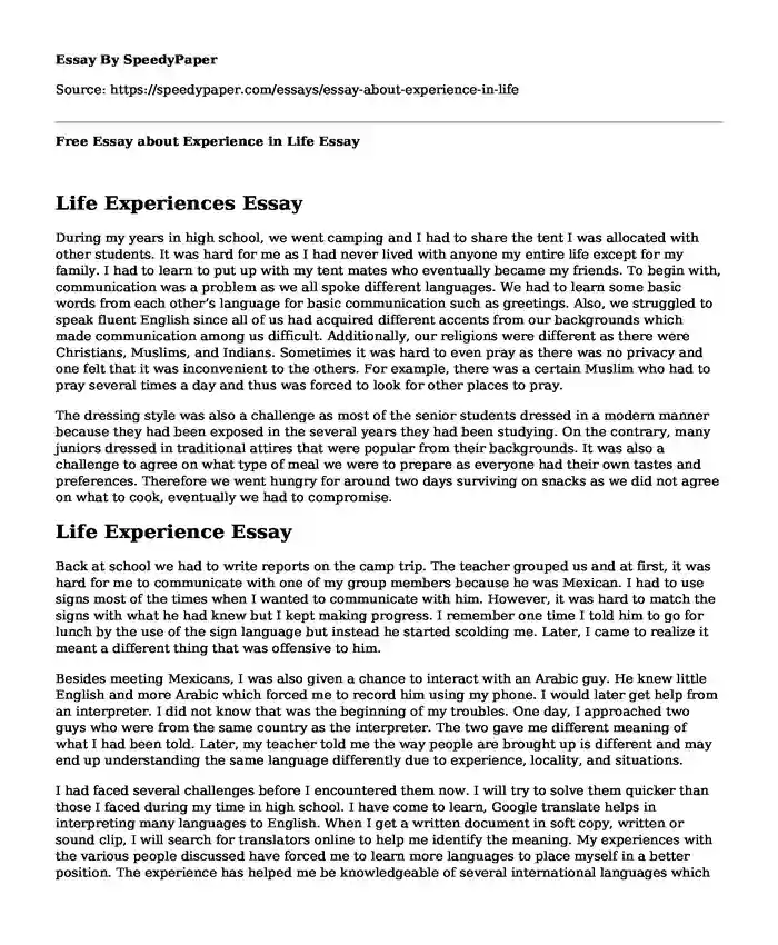 Free Essay about Experience in Life