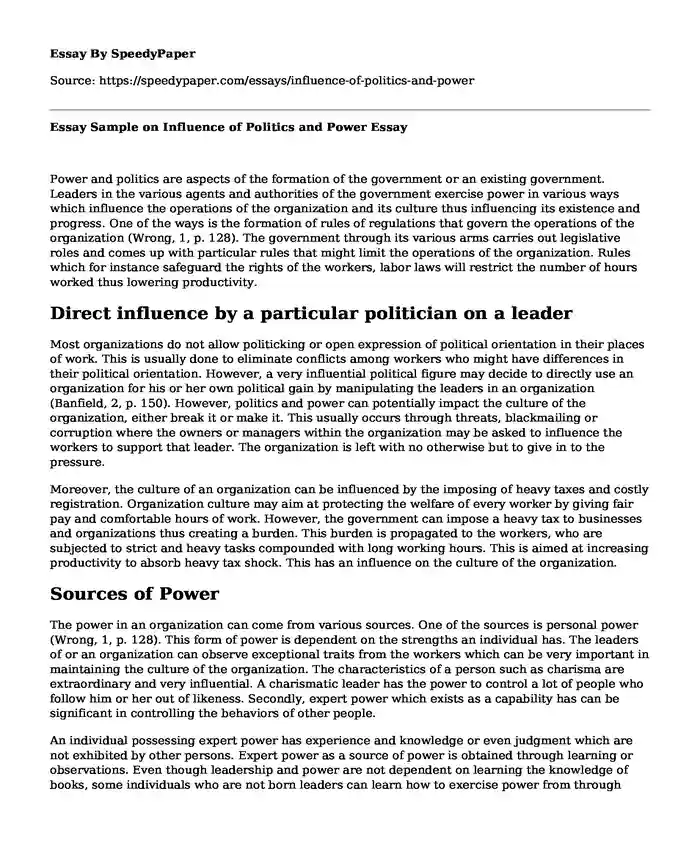 Essay Sample on Influence of Politics and Power