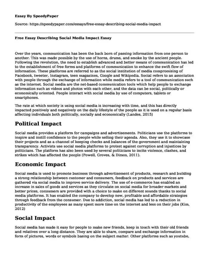Free Essay Describing Social Media Impact