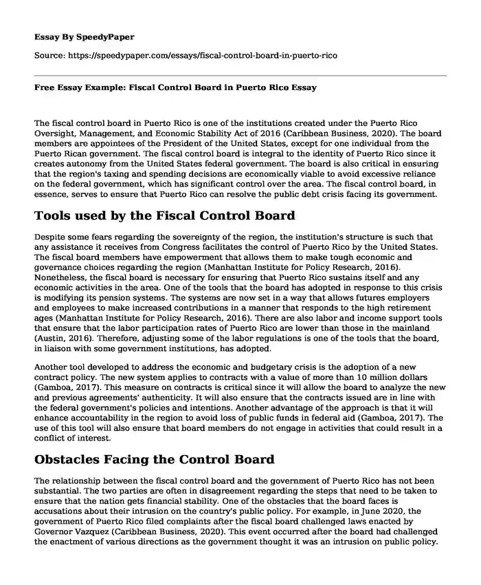 Free Essay Example: Fiscal Control Board in Puerto Rico